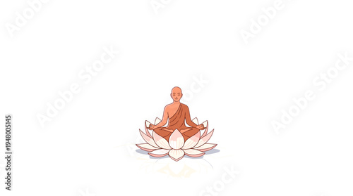Peaceful Buddhist monk meditating in a lotus flower pose, symbolizing inner peace and enlightenment on a white background