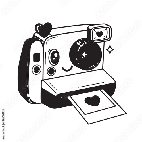 Charming cartoon camera illustration with hearts and playful printout.