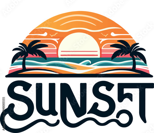 sunset beach icon with palm tree sun and ocean waves tropical island vacation vector illustration on white background