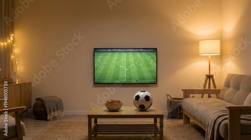 Living room with television showing soccer match, football and snacks on table. Football watch party concept for sports broadcast and fan entertainment.