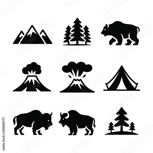 Mountain Range, Forest and Wildlife Icons - Camp and Animals Silhouette Set