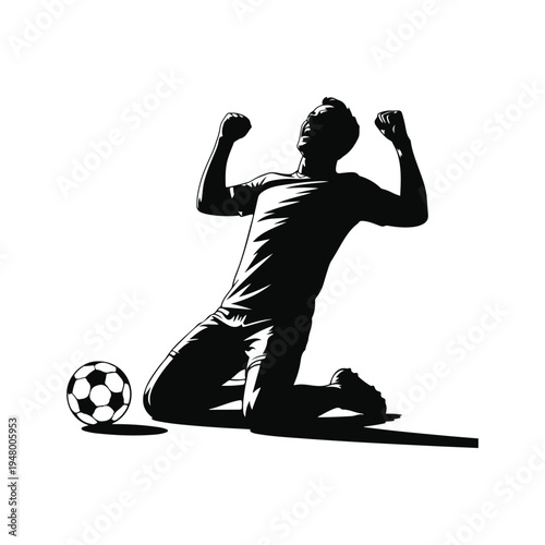 Triumphant Kneeling Soccer Player Celebrating Goal - Black Vector Silhouette