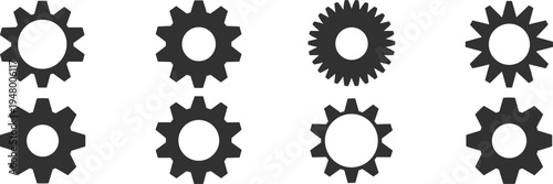 Gear and cogwheel icon set, mechanical engineering symbols, machine parts illustration, industrial system components, settings and configuration graphics pack