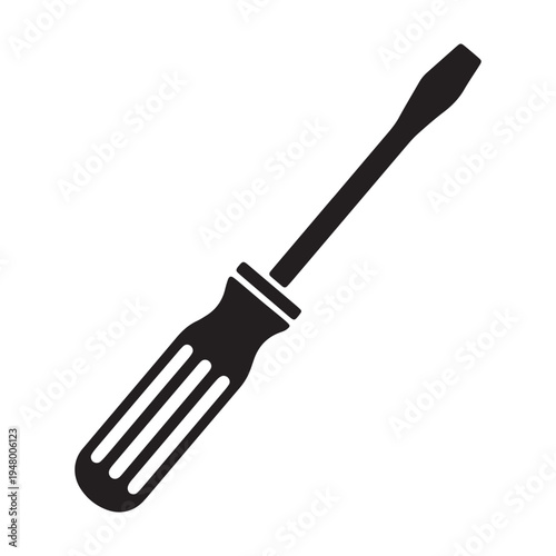 A simple black silhouette icon of a flathead screwdriver isolated on a plain white background