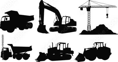 Construction vehicle silhouettes, heavy machinery equipment, dump trucks, excavators, bulldozers, tower crane illustration, industrial earthmoving machines, building site equipment icons