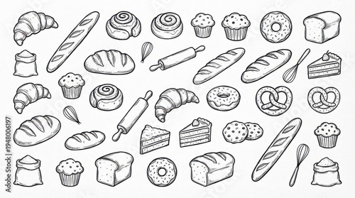 hand-drawn bakery pastries and breads doodles outline elements set created for planners scrapbooking and journaling isolated on white background