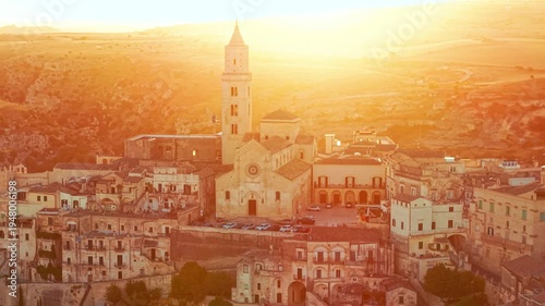 Aerial sunrise view over the ancient city of Matera, Basilicata, Italy