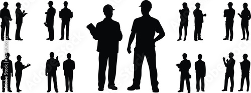 Construction worker silhouettes, teamwork and discussion poses, engineering collaboration scenes, industrial workforce communication, building site teamwork illustration, project planning concept