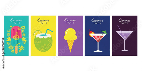 Colorful Summer Party Poster Set Featuring Ice Cream, Popsicle, Coconut Drink and Cocktail Illustrations for Tropical Holiday Event Flyer and Seasonal Celebration Design