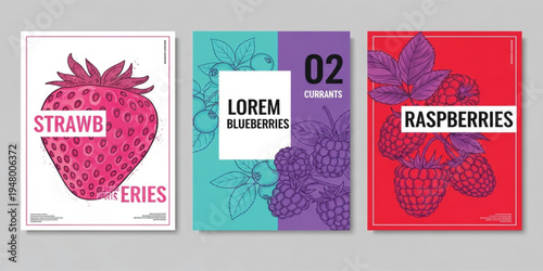 Colorful Berry Fruit Poster Set Featuring Strawberry, Blueberry, Currants and Raspberries with Hand Drawn Botanical Illustration for Fresh Food Market Advertising Design