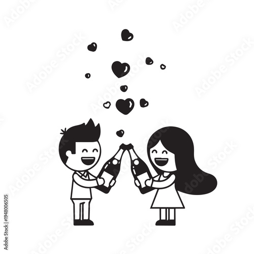 Joyful cartoon couple toasting with bottles and hearts above them in celebration.