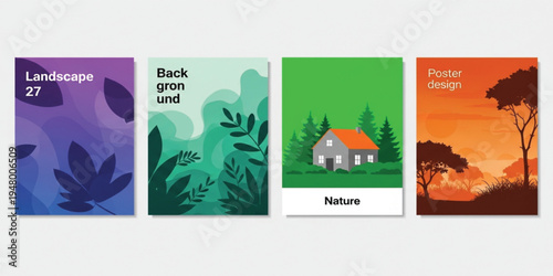 Nature Landscape Poster Collection Featuring Forest Silhouettes, Botanical Leaves, Countryside House Illustration, and Scenic Sunset Backgrounds for Modern Decorative Wall Art Design