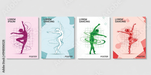 Modern Dancing Silhouette Poster Set with Abstract Motion Lines and Geometric Elements for Contemporary Dance Events, Artistic Performances, and Creative Wall Art Design