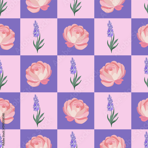 Seamless vector checkered pattern with peony and lavender flowers in pink and purple squares. Spring floral repeat for textile, wallpaper and print.