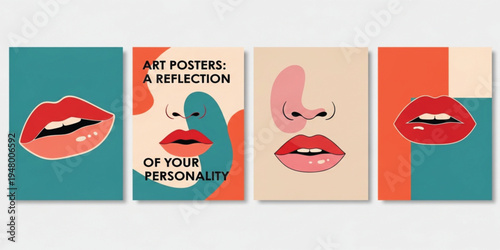 Modern Pop Art Lips Poster Set with Minimal Face Elements and Bold Color Blocks for Contemporary Fashion Prints, Beauty Branding, and Creative Wall Art
