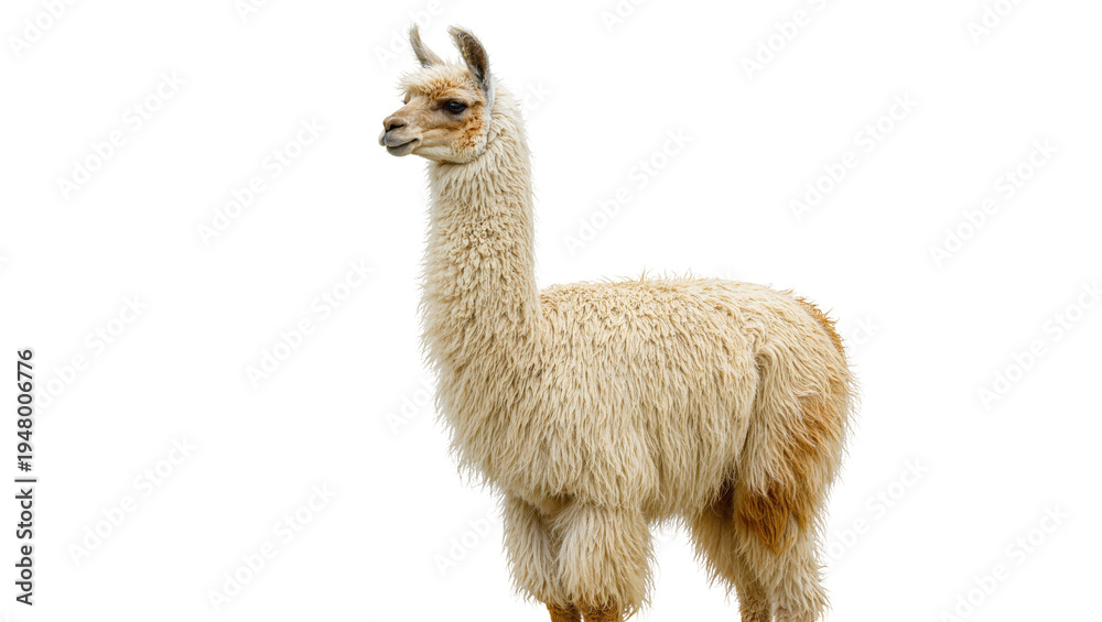 Fototapeta premium Isolated fluffy cream and brown adult llama with long neck standing in profile looking left