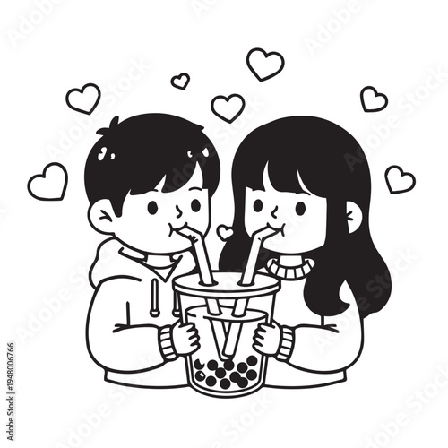 Two Children Sharing a Bubble Tea Beverage in a Cute Cartoon Scene.