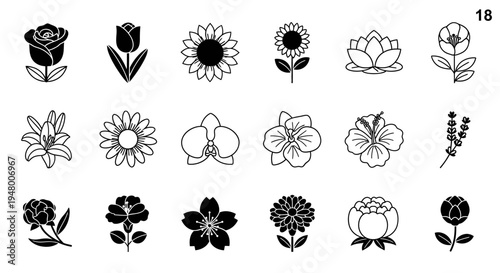 Elegant floral icon pack with eighteen unique flower designs in both filled black and thick outline versions