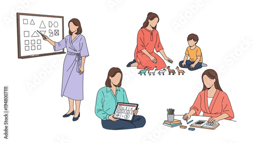 Early Education: A teacher in different scenes, fostering curiosity, learning, and growth. Inspiring exploration and igniting young minds