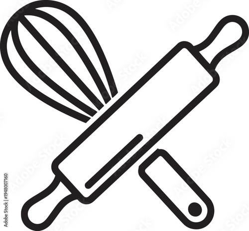 Vector illustration of kitchen utensils: rolling pin, whisk, and knife