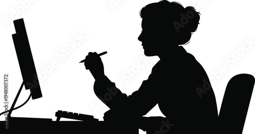 Silhouette of woman working at computer desk, holding pen while thinking, office workspace illustration for business, productivity and technology concepts