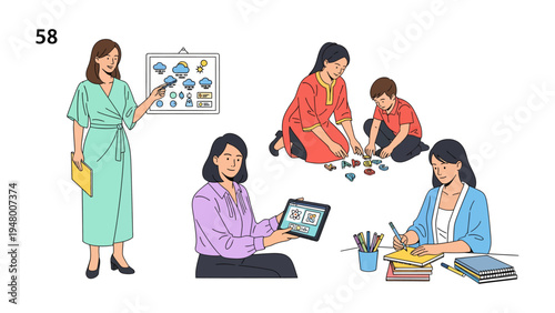 Empowering Women: A set of illustrations showcasing women engaged in various activities, highlighting their versatility and agency.