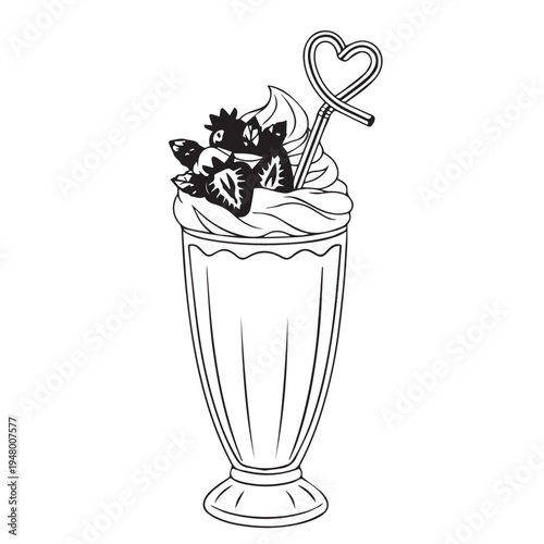 Creamy Milkshake in a Tall Glass with Straw, Whipped Cream, Strawberries, and Garnish.