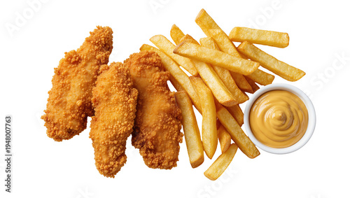 Isolated crispy fried chicken tenders and golden french fries with dipping sauce.