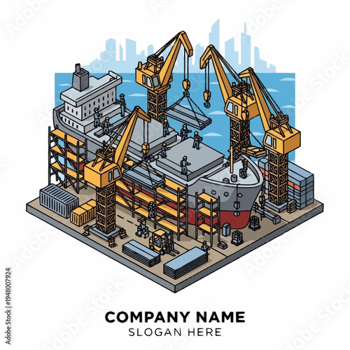 Isometric illustration of a busy shipyard with large cranes constructing a ship, showcasing industrial activity and urban skyline in the background.