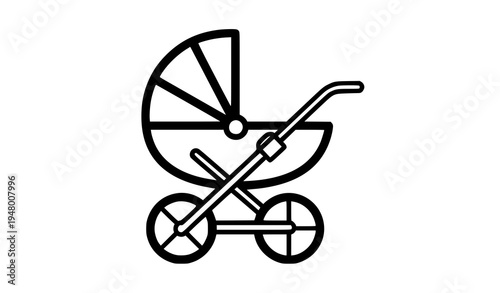 Minimal black and white baby stroller pram flat vector icon modern baby cart illustration isolated on white