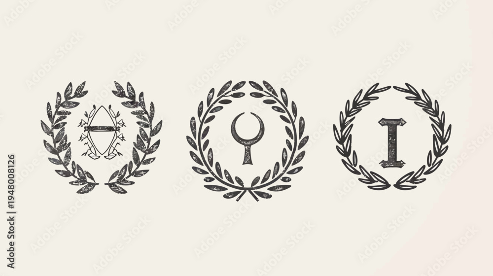 Fototapeta premium Three leaf wreaths with different symbols in the center, on a beige background