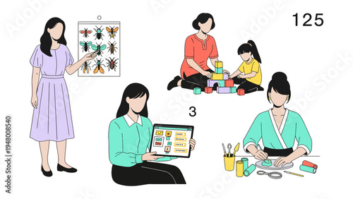 Educational illustration set: A collection of educational illustrations featuring various scenes of women engaged in learning and teaching activities, promoting knowledge, exploration.