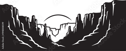 Black and white vector canyon landscape silhouette