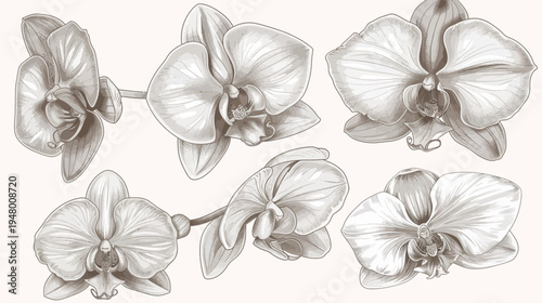 Sepia toned sketched orchid flowers