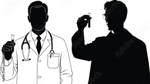 Doctor, and, scientist, silhouette, holding, test, tube, in, laboratory, medical, research, healthcare, science, experiment, analysis, innovation, clinical, testing, professional, illustration
