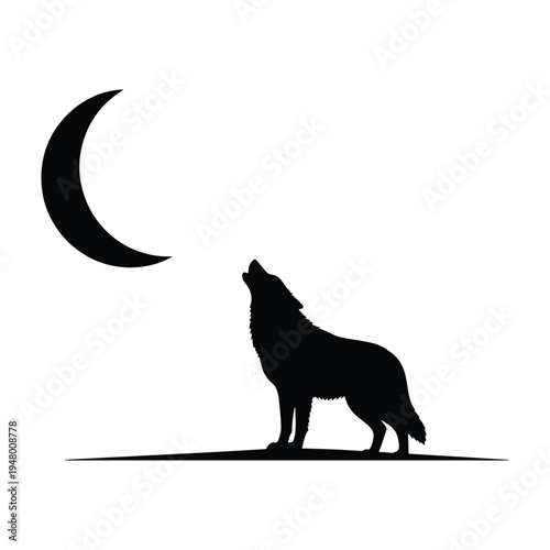 Wolf howling at crescent moon silhouette