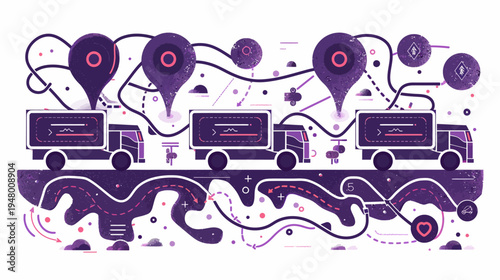 Stylized illustration of trucks, navigation markers, and winding roads in purple hues