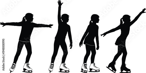 Ice skating girl silhouette collection, figure skater poses set, winter sport activity illustration, young athlete skating performance, black vector
