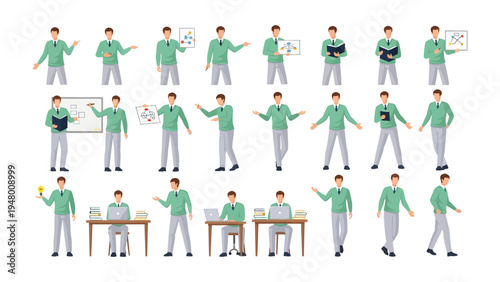 Versatile Pose of Business Man in Green Sweater: A professional business man presents a series of different pose, suit the concept of working in multi circumstance, such as working or presentation