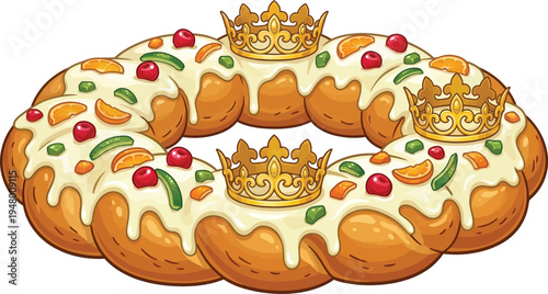 Traditional Dreikönigskuchen German Kings Cake Creamy White Glaze Candied Fruits Sugar Crowns Vector Illustration