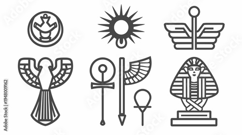 Six ancient Egyptian symbols in thick, dark gray lines against a white background