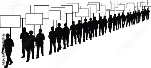 Protest march silhouette crowd, people holding blank banners and signs, political demonstration rally, social activism movement, public protest illustration
