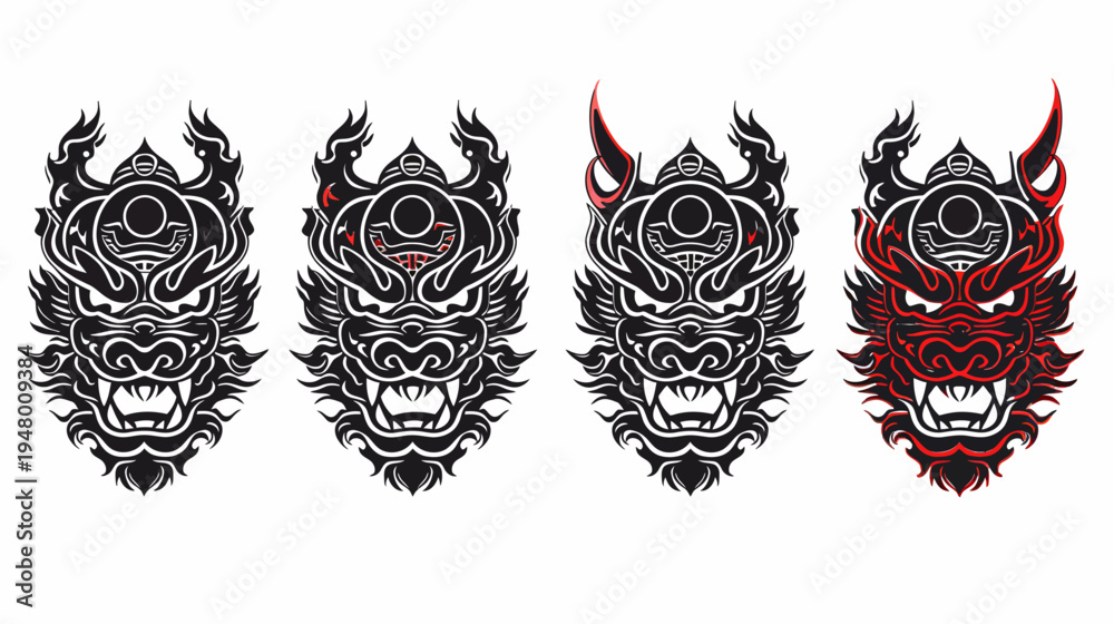 Obraz premium Progression of dragon heads, stylized, black, with red highlights on last version