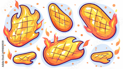 Graphic cartoonish depiction of grilled steak with flames on a white background