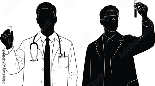 Silhouette, doctor, and, scientist, holding, test, tubes, in, laboratory, representing, medical, research, healthcare, innovation, science, experiment, clinical, analysis, concept, illustration