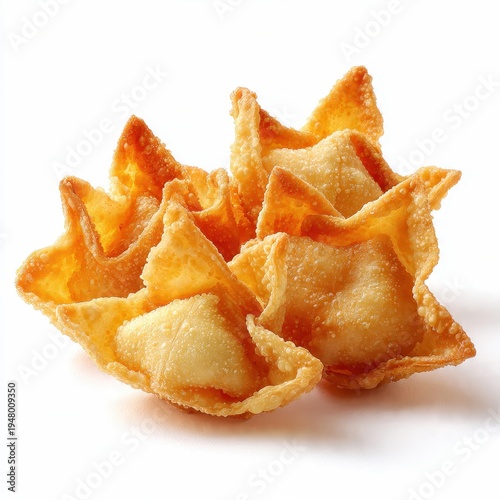 Delicious Golden Fried Crab Rangoons, a Popular Cream Cheese Wonton Appetizer from Asian Cuisine, Isolated on White Background for Food Photography