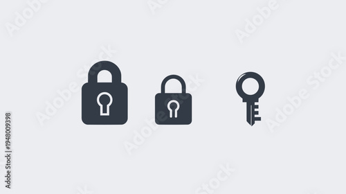 Three stylized graphic icons two padlocks and a key, on a plain background