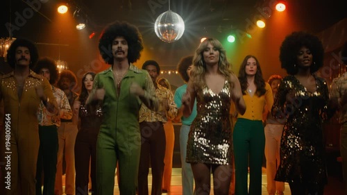 Group of people dancing in a retro 70s disco club. Friends wearing vintage fashion having a party on an illuminated dance floor under a disco ball. Nostalgic nightlife concept
