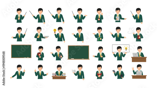 Educator Poses and Presentation Tools: A comprehensive collection showcasing a male educator in various poses, complemented by presentation tools, ideal for educational, business.