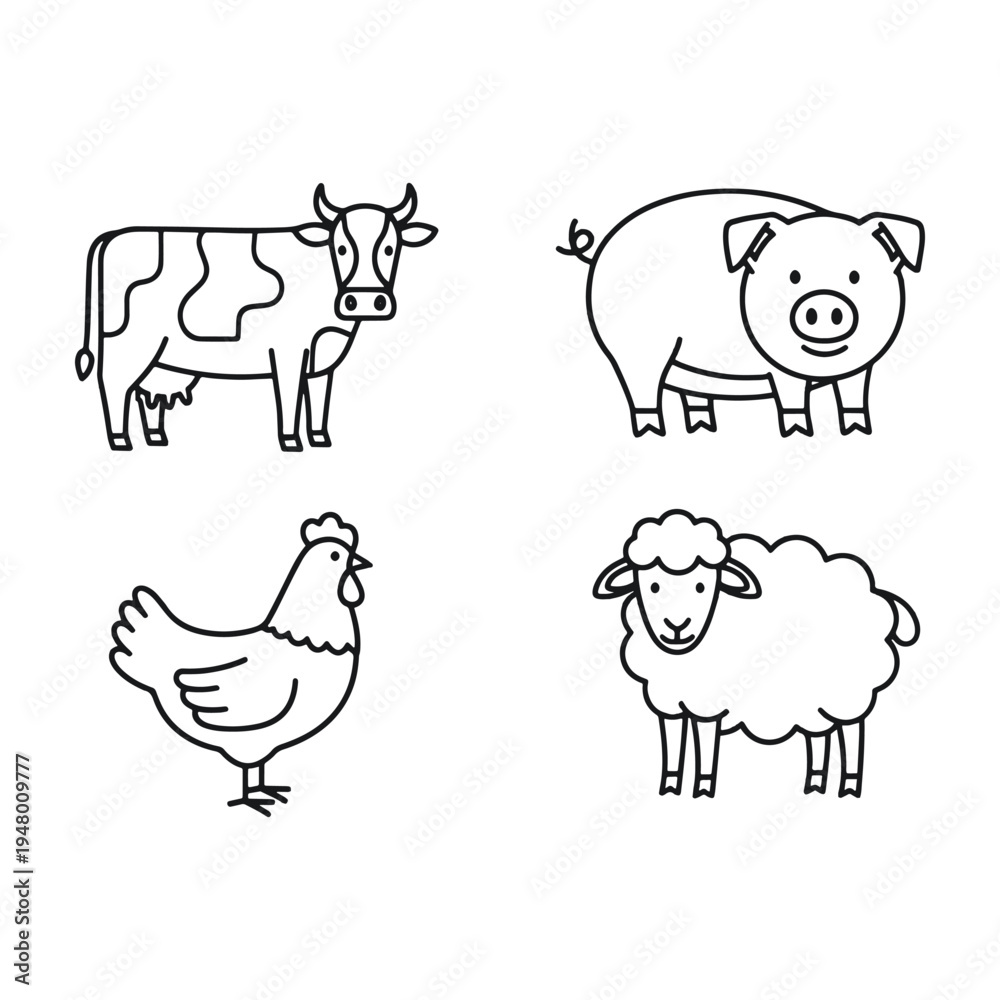 Obraz premium Farm Animals Line Art Set